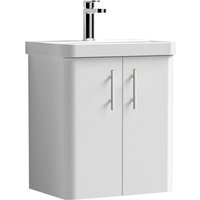 Curve Wall Hung 2 Door Vanity Basin Unit - 500mm - Gloss White with Chrome Knurled Bar Handles (Tap Not Included)