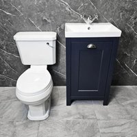 Hydros - 500mm Vanity Unit Indigo Blue with Carlton Toilet Set Derby Cloakroom Suite, White Seat-No Tap & Waste-Luxury Flush