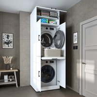 Dora Washer and Dryer Stacker Cabinet with Double Doors, Pull-Out Basket Shelf and Overhead Storage, White