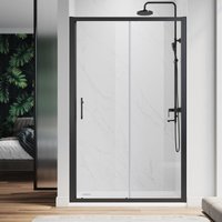 ELEGANT 1100 x 760 mm Sliding Shower Enclosure Black Frame 6mm Glass Reversible Cubicle Shower Door Screen Panel with Shower Tray and Waste