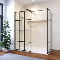 1100mm Black Matt Modern Walk in Shower Cabin with 900mm Side Shower Screen 8mm Safety Glass shower Enclosure Include Double Stainless Steel Support