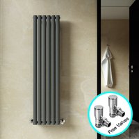 Elegant - 1600 x 360 mm Anthracite Vertical Column Radiator Single Oval Panel Designer Efficient Radiator + Chrome Angled Radiator Valves