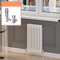 ELEGANT 600 x 420 mm Traditional White Column Radiators Horizontal Double Panel Cast Iron Central Heating Rads + Chrome Thermostatic Radiator Valves