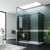700mm Grey Walk in Shower Cubicle with 900mm Shower Screen Panel and 300mm Matte Black Flipper Panel 8mm Nano Glass Wet Room - Elegant
