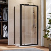 ELEGANT 760mm Black Frame Pivot Shower Door Enclosure with 760mm Side Panel Reversible Bathroom Wet Room, 760x760mm Shower Tray, Waste Trap, Riser Kit