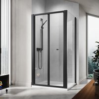 ELEGANT 800 x 800mm Bi-Fold Shower Enclosure Matt Black Frame Folding Glass Cubicle Door + Side Panel + Tray and Waste + Riser Kit