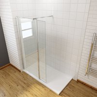 900mm Frameless Wet Room Shower Screen Panel 8mm Easy Clean Glass Walk in Shower Enclosure with 300mm Return Panel and Support Bar - Elegant