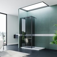 900mm Grey Open Entry Shower Door with 300mm Black Pivot Panel 8mm Nano Coated Glass Shower Screen with 1600x700mm Shower Tray and Waste Trap