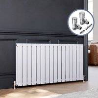 ELEGANT Designer Horizontal Flat Panel Radiator With Angled Radiator Valves 600x1216mm White Double Column