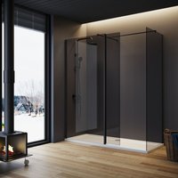 Grey Shower Screen with Side Panel 900x700mm and Black Pivot Return Panel Walkin Glass Shower Enclosure Include Support Bar + Shower Tray 1600x700mm