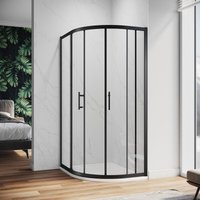 Quadrant Shower Enclosure Black Frame Sliding Cubicle Door (Right Offset) 6mm Tempered Glass 800 x 1200 mm with White Tray + Waste Tray (Chrome)