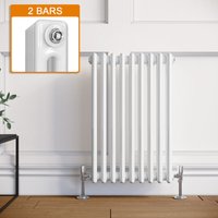Elegant - Traditional Column Radiator Horizontal White Double Bar Heater Central Heating + White Thermostatic Radiator Valves 600 x 420mm
