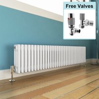 Elegant - Traditional Radiator White 300 x 1505 mm Designer Horizontal Column Radiator Cast Iron Style Triple Rads + Chrome Thermostatic Radiator