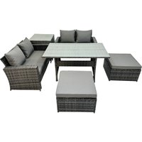 6 Seater Wicker pe Rattan Furniture Outdoor Dining Table Double Seat Sofa Side Table 2 Big Stools Set Dark Grey Mixed - Fimous