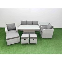 Pe Rattan Garden Furniture Set Reclining Chair Sofa Lounge Sofa Set Adjustable Lifting Dining or Coffee Table Side Table 3 Stools Light Grey - Fimous