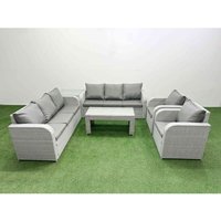 Pe Rattan High Back Lounge Sofa Set Patio Oblong Coffee Table and Chairs Set with 3 Seater Sofa Reclining Chair Side Table Light Grey - Fimous