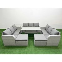 Pe Rattan Lounge Sofa Set 11 Seater Outdoor Garden Furniture Set with Rectangular Dining Table 3 Seater Sofa 2 Big Footstools Side Table Light Grey