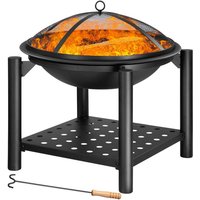 GARDEBRUK Garden Patio Fire Pit with Cover and Poker 55cm Diameter Outdoor Fire Basket with Protective Spark Guard, Wood Handle Poker and Storage