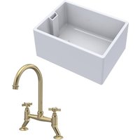 Balterley - Fireclay Kitchen Bundle - Single Bowl Belfast Sink & Bridge Crosshead Mixer Tap, 615mm - Brushed Brass