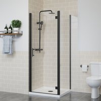Frameless Hinged Shower Door Enclosure Glass Screen Walk In Cubicle with Side Panel Black 760x1000mm