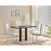 Furnizone Uk - Meridian 4-Seater Black Glass and Black High Gloss Dining Table with 4 Isaac White Faux Leather Chairs