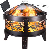 Gardebruk - Garden Patio Fire Pit Diameter 67 cm Rustic Outdoor Modern Steel Fire Basket Log Burner Spark Protection Mesh Grill Guard, Poker, Storage