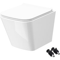 Gloss White Compact Rimless Square Wall Hung Toilet Pan with Soft Close Seat - Hidden Fixations