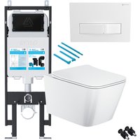 Gloss White Rimless Square Wall Hung Toilet with 1.14m Concealed Cistern Frame Set - White Plate