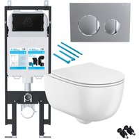 Fnx Bathrooms - Gloss White Rimless Wall Hung Toilet with 1.14m Concealed Cistern Frame Set - Chrome Plate