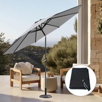 Grey Round Garden 3M Parasol Patio Crank Tilt Umbrella w/ Base Cover