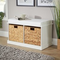 Home Source - Hallway Storage Bench 2 Woven Drawers Padded Cushioned Top White Wooden Frame