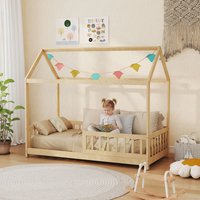 HOMCOM House-Shaped Kids Bed Frame Solid Pine Wood with Guard Rails, Natural
