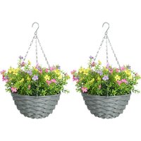 HOMCOM Set of 2 Artificial Cosmos Flowers, Hanging Planters with Basket
