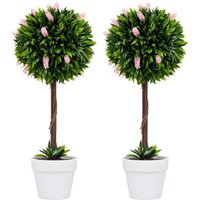 Set of 2 Potted Artificial Plants Ball Tree with Flowers Pink - Homcom