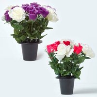 Homescapes - Set of 2 Pink and Purple Roses Artificial Flowers in Grave Vases