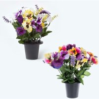 Homescapes - Set of 2 Purple and Yellow Pansy and Roses Artificial Flowers in Grave Vases