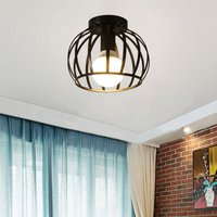 Axhup - Industrial Ceiling Light with Metal Cage, Flush Mount Round Chandelier Fixture for Bedroom Living Room Hall Kitchen Lounger (Black) 1PCS