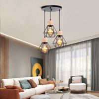 Industrial Pendant Light Ceiling Lamp 3 Shades in Diamond Shape Made of Iron and Wood Chandelier Lamp E27 for Living Room Kitchen Bedroom Black