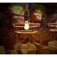 Axhup - Industrial Pendant Light, Retro Ø25cm Diamond Hanging Ceiling Lamp with Metal Gage, Hemp Rope Chandelier E27