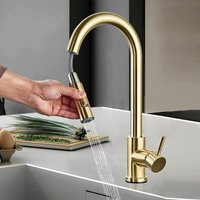 Dewdat - Kitchen Mixer Tap with Pull Out 360° Swivel Spout 2 Water Modes High Arc Single Lever Brass Bathroom Mixer Tap, Brushed Gold