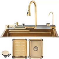 Kitchen Sink Stainless Steel 201 Golden Brushed,With Extractable Faucet,Pure Water Faucet,Single Large Slot,Integrated Digital Display Faucet