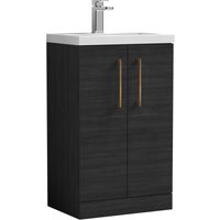 Balterley Level Compact Bathroom Cloakroom Vanity Basin Unit with Ceramic Basin, Brushed Bronze Handles, 500mm, Woodgrain Black
