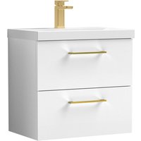 Balterley 600mm Wall Hung Bathroom 2 Drawer Vanity Unit and 1 Tap Hole Ceramic Basin, Gloss White with Brushed Brass Handles