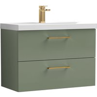Balterley 800mm Wall Hung Bathroom 2 Drawer Vanity Unit and 1 Tap Hole Ceramic Basin, Satin Green with Brushed Bronze Handles