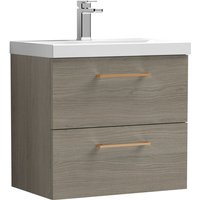 Balterley 600mm Wall Hung Bathroom 2 Drawer Vanity Unit and 1 Tap Hole Ceramic Basin, Woodgrain Mid Oak with Copper Handles