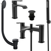 Fnx Bathrooms - Matt Black Basin Sink Tap & Bath Shower Mixer Set with Matching Waste Plugs
