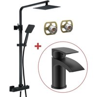 Matt Black Thermostatic Mixer Shower Set Square Black Twin Head Exposed + Tap