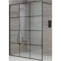 Barq - 700mm Black Recessed Walk In Wet Room Shower Enclosure with Grid Pattern Screen and Support Arm - 400mm Stainless Steel Tile Insert Drain