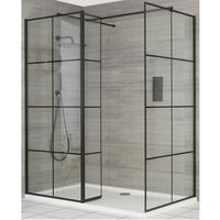 Barq - Corner Walk In Wet Room Shower Enclosure with Black Grid Pattern Screens Hinged Return Panel Support Arms and White Tray - 1200mm x 700mm