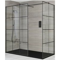 Barq - Black Corner Walk In Wet Room Shower Enclosure with Grid Pattern Screens Support Arms and Graphite Slate Effect Tray - 1200mm x 900mm - Milano